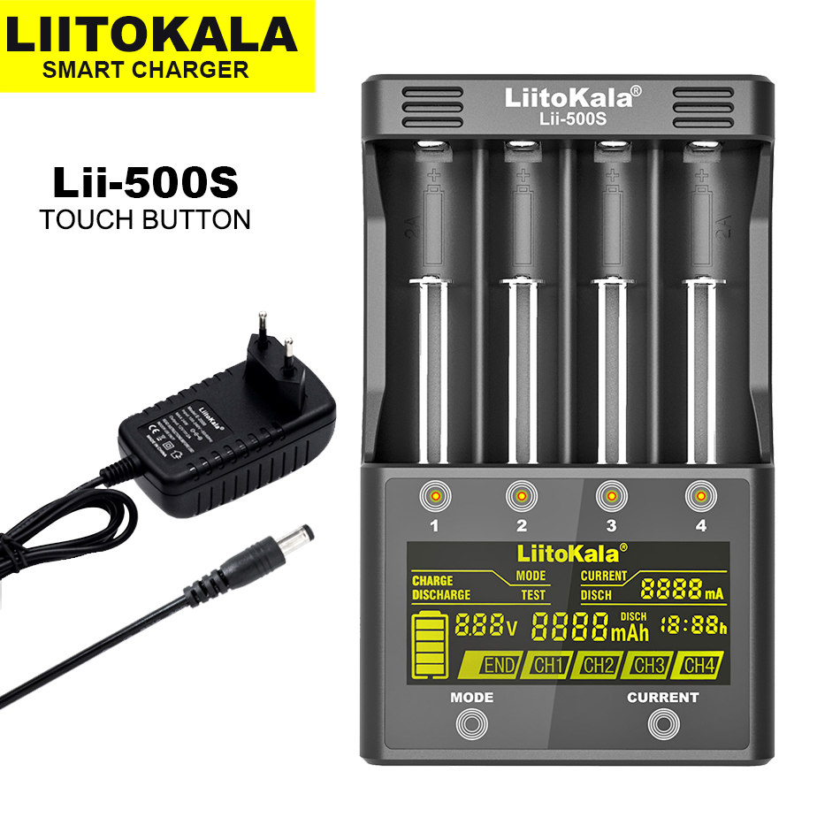 Liitokala lii -500 lii -202 lii -500s lii -s8 lii -600 lcd 3.7v 18650 18350 18500 21700 14500 26650 aa nimh litiumakkulaturi: Lii -500s ja sovitin