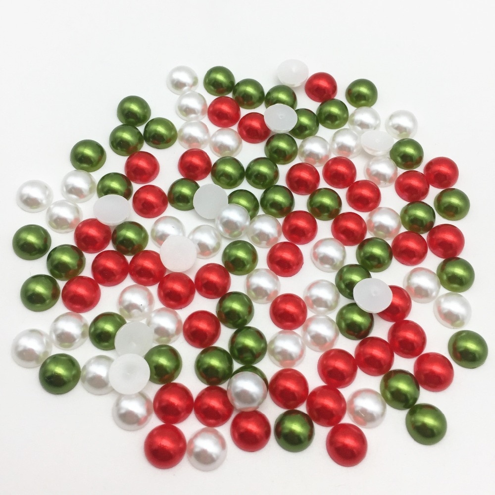 200 pcs 8mm Natal Vermelho Verde Branco Half Round Pérolas Flatbacks Enfeites Telefone DIY Nail Decorações Artesanato Para Cardmaking