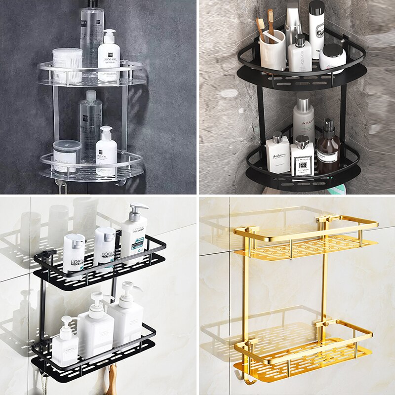 Estantes colgantes para baño, organizador de 2 capas, estante de esquina, soporte para champú sin perforaciones, estante de almacenamiento, cesta de inodoro