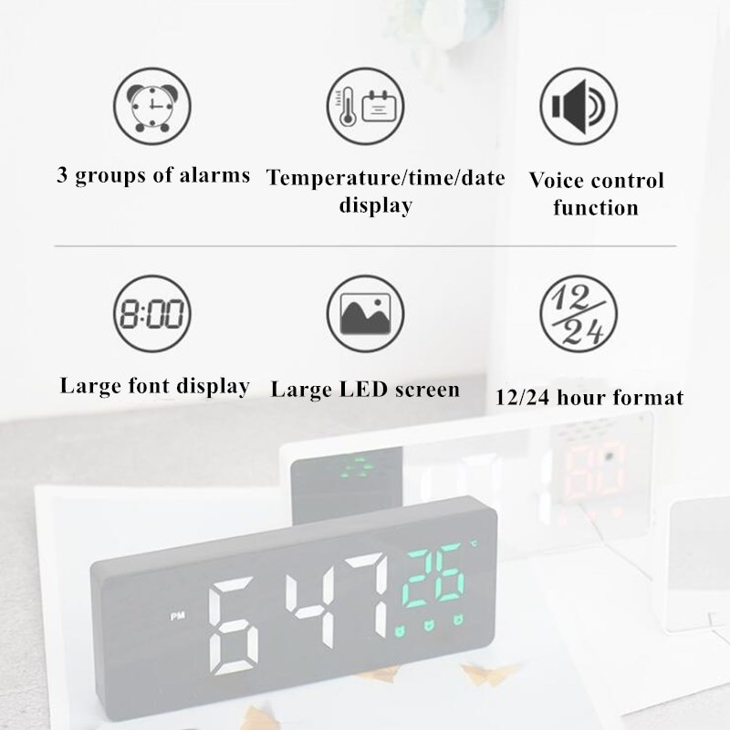 Reloj Despertador Digital con Control de voz, pantalla de temperatura y tiempo de repetición, 3 alarmas, espejo LED con Cable USB