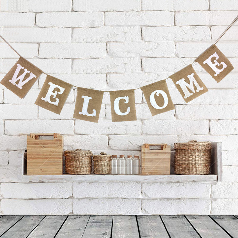 Wedding Home Decor Linen Flag WELCOME Ceiling Banner Jute Burlap Flags 1pcs Birthday Party Event Baby Shower Supplies