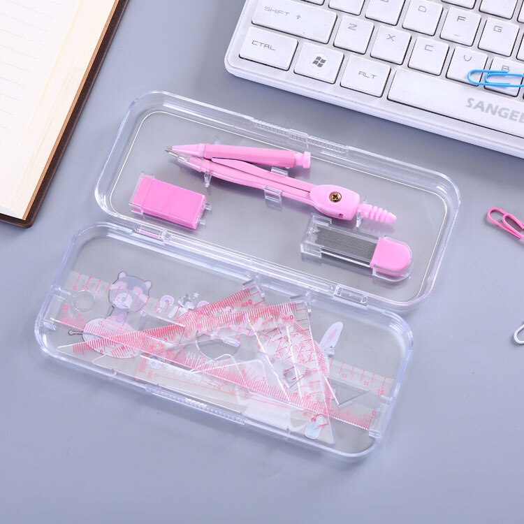 12 Sets Drawing Compasses Ruler Set 7pcs/set School Drafting Tools Student Math Compasses Eraser Cute Stationery