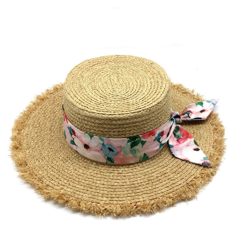 Sombrero de playa de verano Natural para niña, pañuelo Delgado, banda de rafia, tipo canotier sombrero de paja, ala de borla, sombrero de paja de rafia flexible