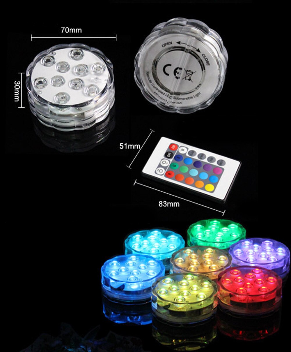 10 Led Remote Controlled RGB Submersible Light Battery Operated Underwater Night Lamp Outdoor Bowl Garden Party Decor #45