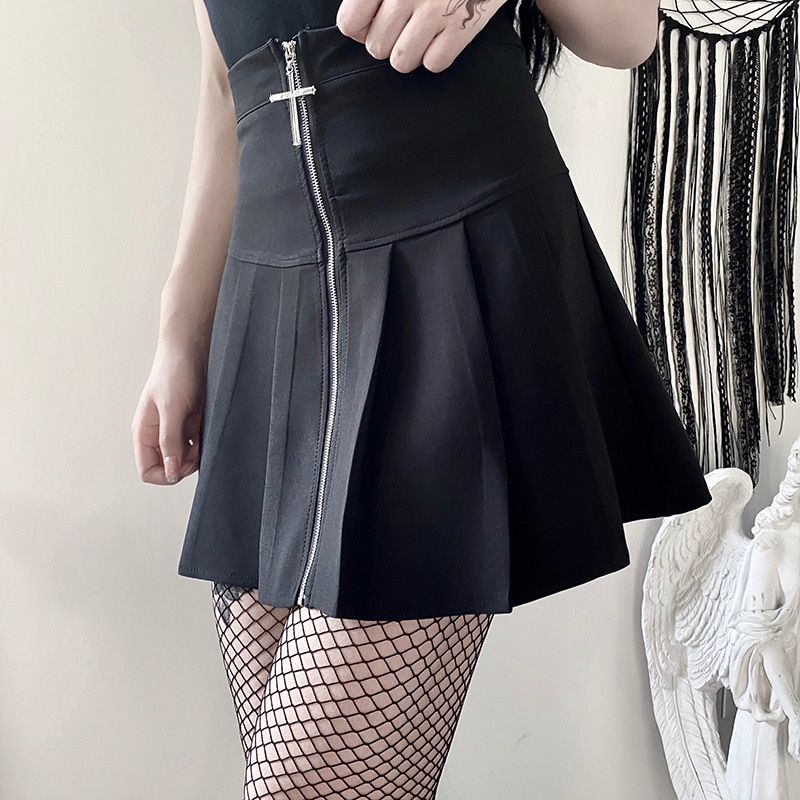 InsGoth Black Pleated Mini SKirts Women Harajuku Grunge Streetwear Cross Zipper Gothic Skirts Female