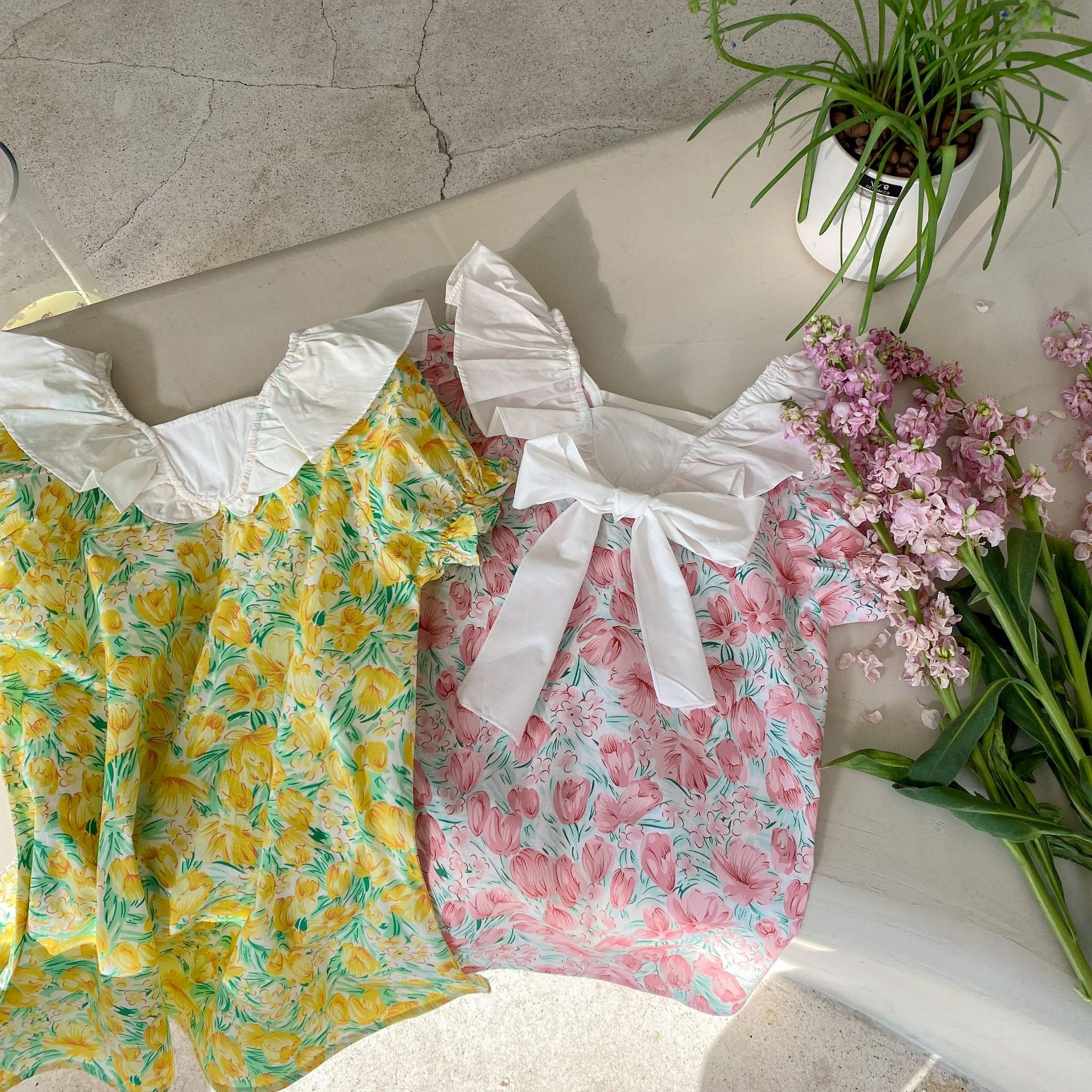 2068B Girl Dress Summer 2022 Short Sleeve Korean Floral Dress Cotton Princess Flying Sleeve Dress Children's Dress