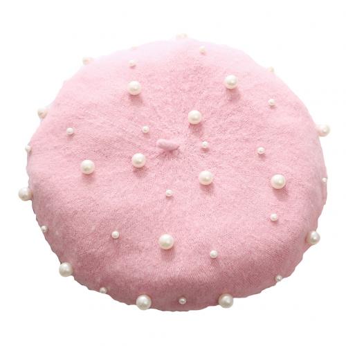 Béret en laine pour femme, couleur unie, automne-hiver, fausses perles, chaud, casquette de peintre, perles étoilées, rivets: Rose