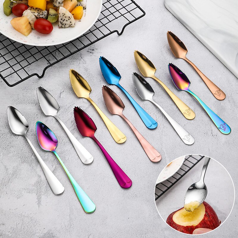 Rvs Grapefruit Apple Schraper Lepel Gekarteld Zaagtand Edge Fruit Puree Lange Handvat Babyvoeding Bereiden Tool