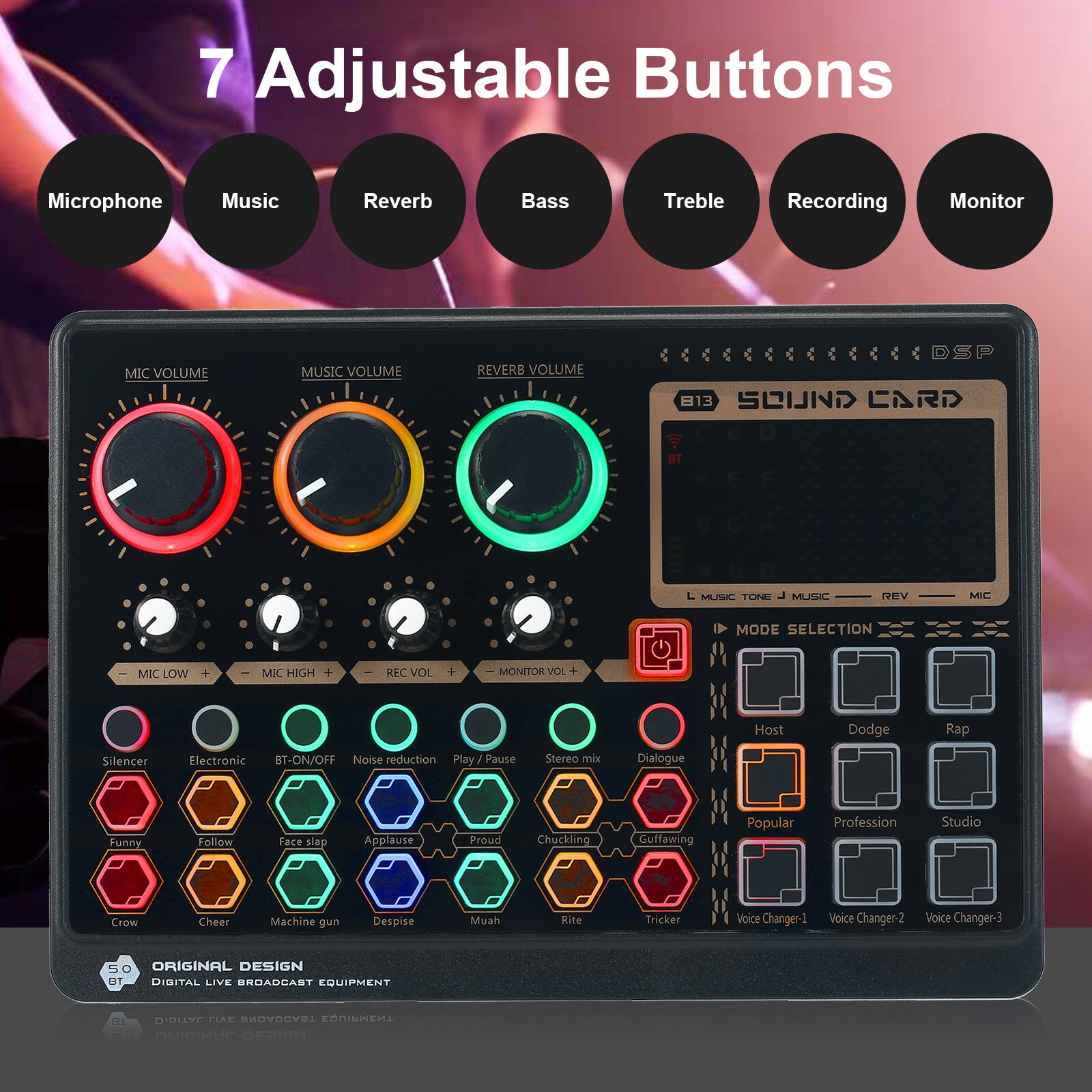 X6mini External Live Sound Card Mini Sound Mixer Board Color Backlight Buttons with 14 Special Effects BT Connection for Laptop
