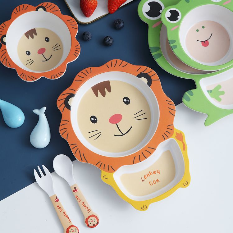 Baby Bamboe Kom + Lepel + Vork Feeding Servies Set Cartoon Aniaml Bee Kid Gerechten Bamboe Voeden Kom Diner plaat