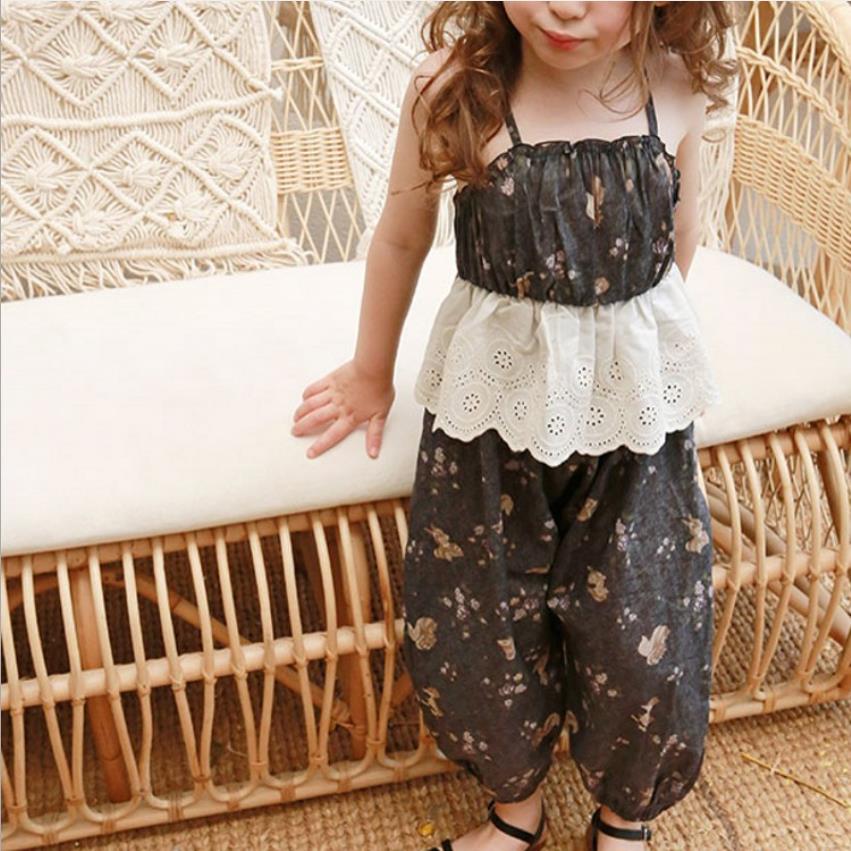 Zomer Print Overalls Meisjes Kant Patchwork Jumpsuits Kinderen Rompertjes Broek 3-12Y Ws1650
