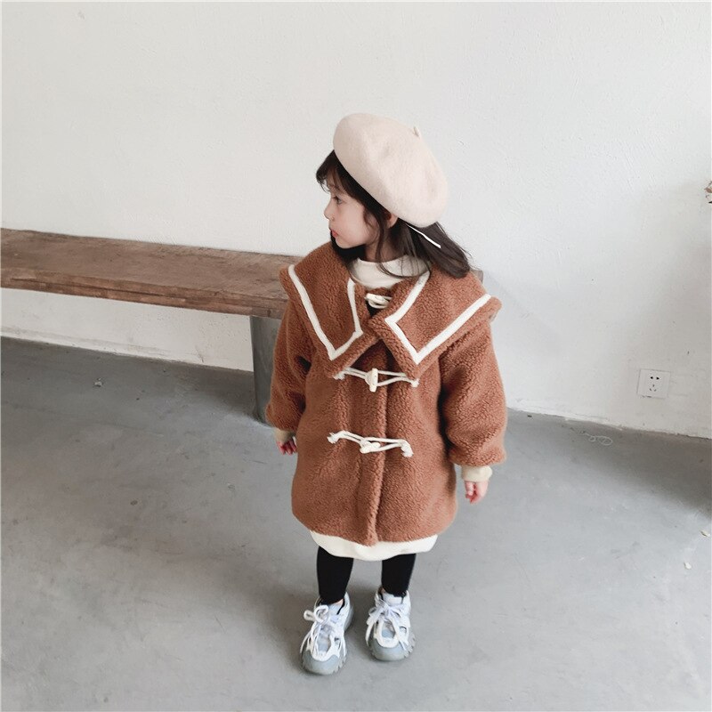 Lamm Wolle Dicke Warme Mädchen Winter Mantel Kinder Outwear Drehen unten Kragen Naval stil Mädchen Kinder Jacke Plus Samt: 110CM