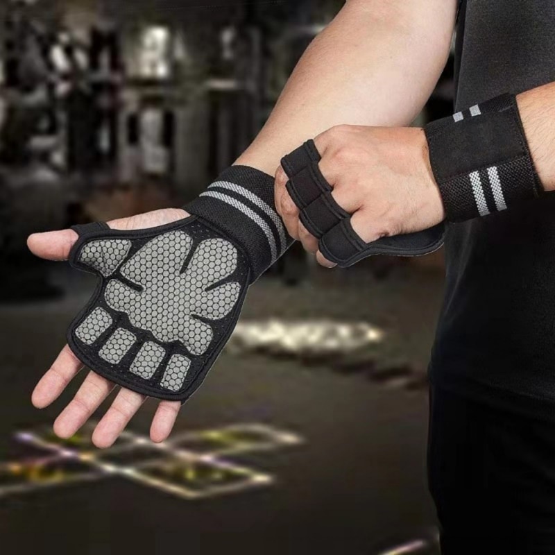 Fitnesshandschoenen, handpalmbeschermer met polsbanden, trainingshandschoenen voor gewichtheffen, haltergrepen, pads voor fitnessapparatuur