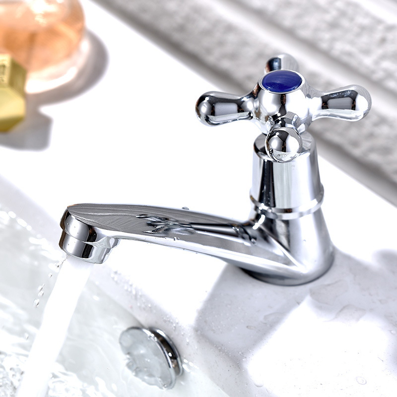 Bathroom Faucet Zinc Alloy Wash Basin Faucet Quick Open Single Cold Water Tap Cross Handle Toilet Corrosion Resistance Sink Tap: Blue
