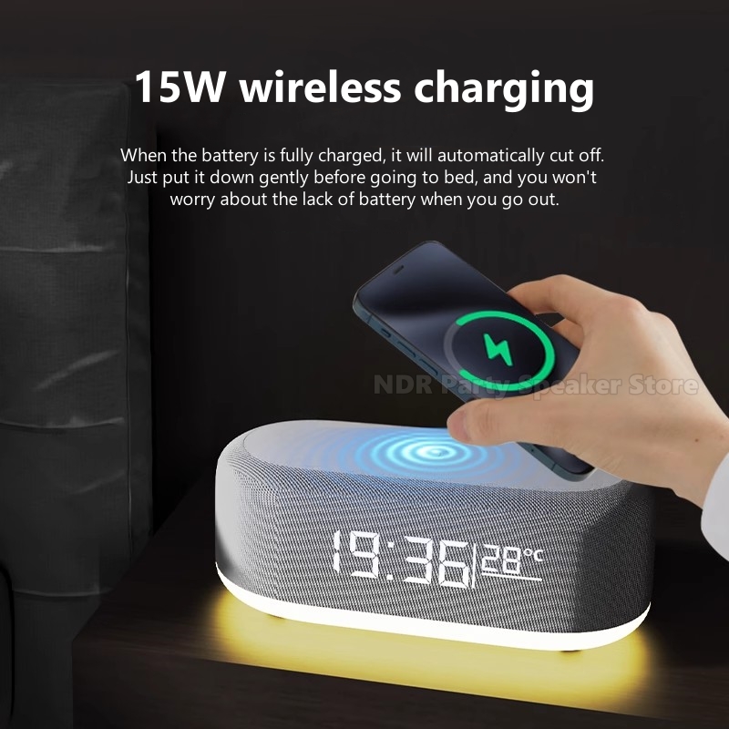 Multifunctionele 6-in-1 Bluetooth slimme luidsprekers met wekklok Kleurrijke RGB-sfeer Nachtlampje Draadloos opladen voor iPhone