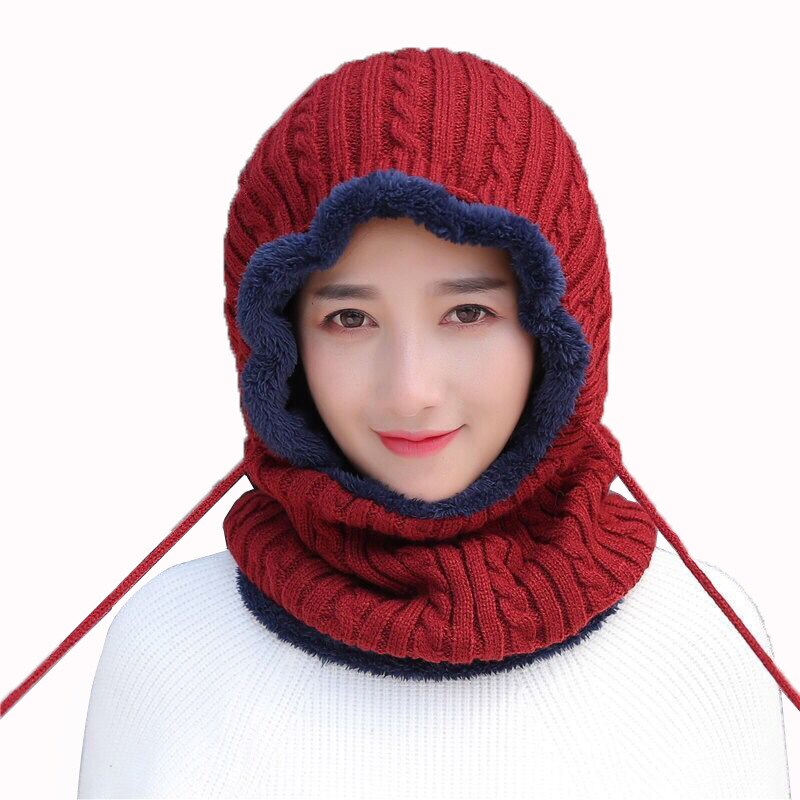 Unisex Winter Knitted Hat Neck Protection Beanie Cap Add Fur Lined Warm Hats For Men Women Balaclava Cap Windproof warm hat