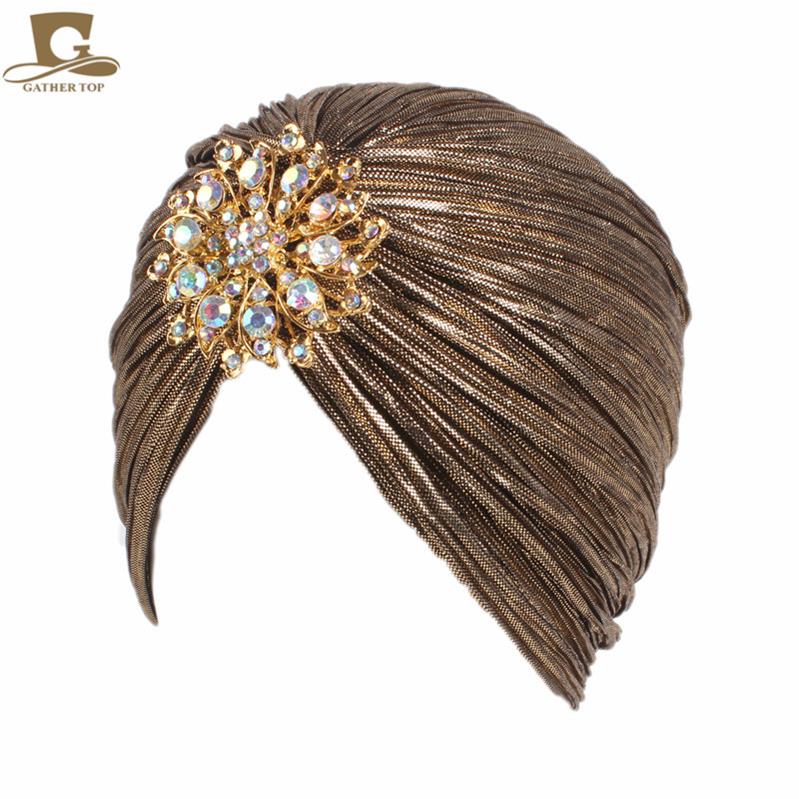 Damer guld sølv diamant juvel turban hatte til kvinder chemo bandana hijab plisseret indian cap turbante hat: Mørk gylden