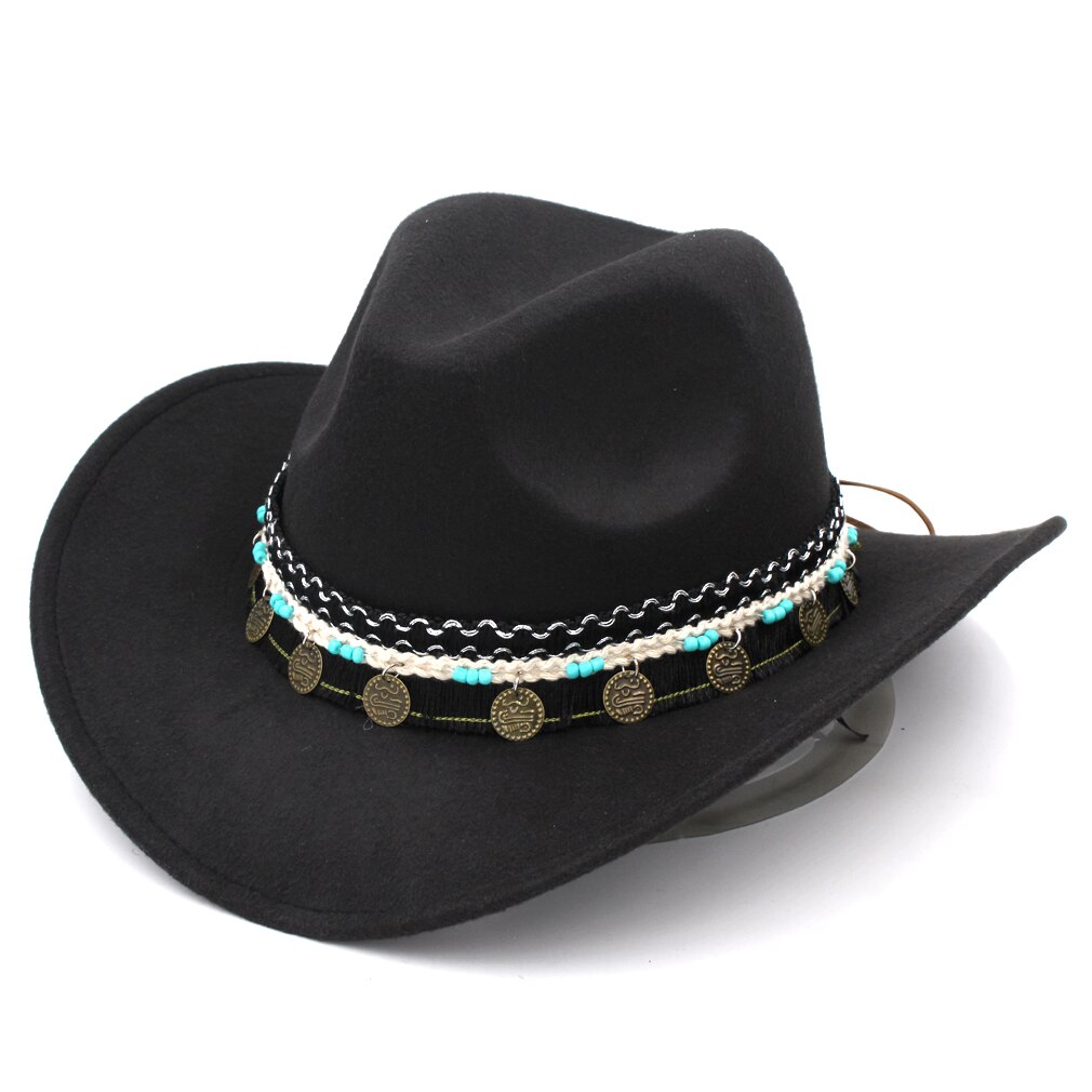 Mistdawn mænd kvinder uld bred skygge western cowboy hat cowgirl kostume kasket størrelse 56-58cm bbc: Sort