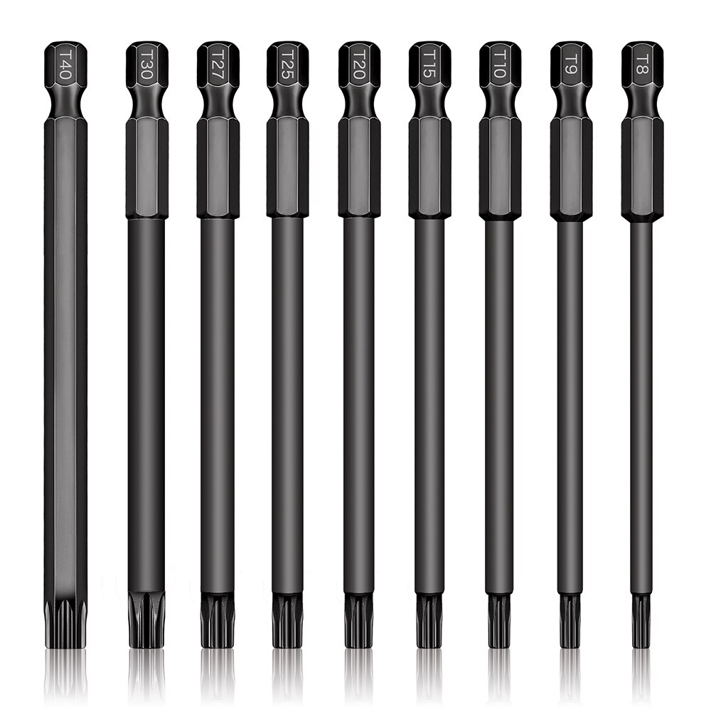 10pcs Hex Head Allen Wrench Drill Bits Set 100mm Long Allen Screwdriver Bits Magnetic Tips Hex Key Screwdriver Socket Bit Set: 9pcs T8-T40