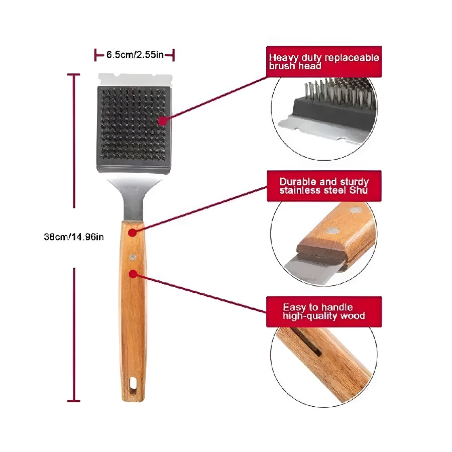 BBQ Grill Brush 304 Stainless Steel – Grill Brush for Outdoor Grill with Extended,Large Wooden Handle Cleaning Brush