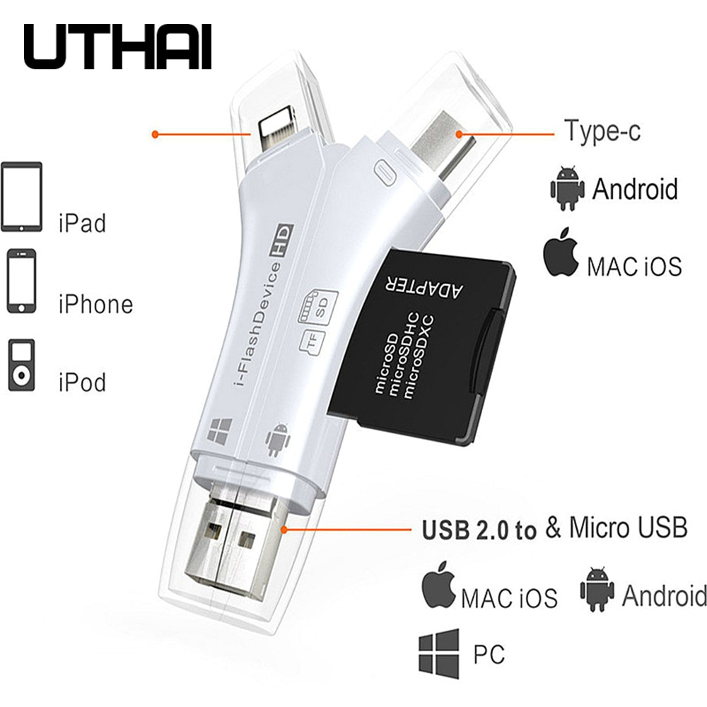 UTHAI C11 Lightning Card Reader SD TF USB C to MicroUSB Multi Card readers 4in1 Type-C Flash Drive For Iphone 7 8 11 X XR MAX