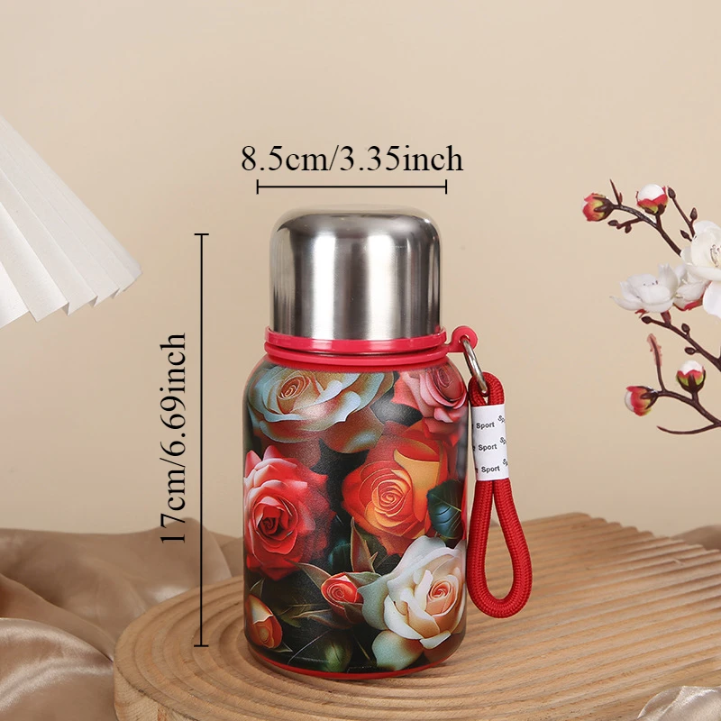 Retro and Bustling High-value Insulated Cup with Rose Pattern Double-layer Water Cup Car Portable Drawstring Stew Cup: black