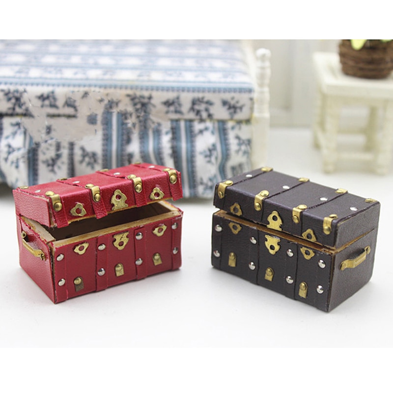 1:12 Miniature Treasure Chest Wood Case with Leather and Golden Holder Dollhouse Furniture Accessories