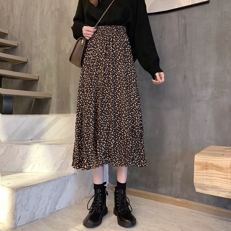 Faldas largas plisadas de estilo Pastoral para mujer, faldas holgadas de cintura elástica, elegantes con estampado Floral