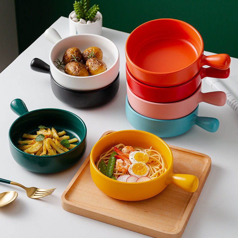Nordic Ceramic Salad Bowl Single Handle Breakfast Cereal Fruit Bowl Solid Color Dessert Soup Noodle Bowl Microwave Oven Special