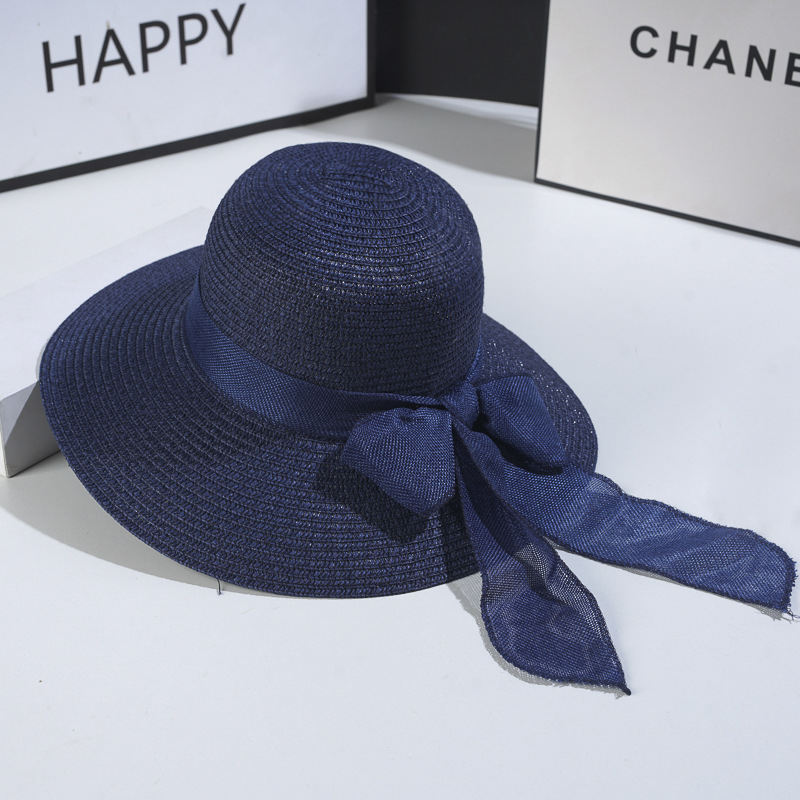 Beach Hat Japanese Everything Hairy Edge Straw Hats Female Summer Flat Top Outing Sun Hats Small Fresh Bow Sun Shade Beach Hat: black