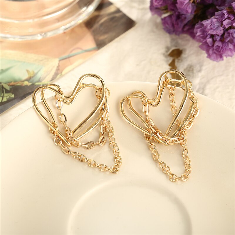 Gold Color Metal Chian Heart Earrings for Women Minimalist Punk Tassel Earring Statement Brincos Jewelry