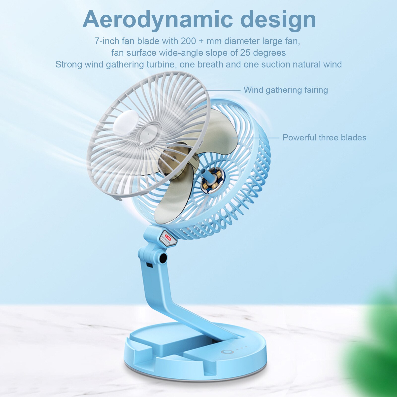 Folding Fan Lamp - USB Rechargeable Telescopic Desk Fan - 7 Inch Wall-Mounted Desktop Fan