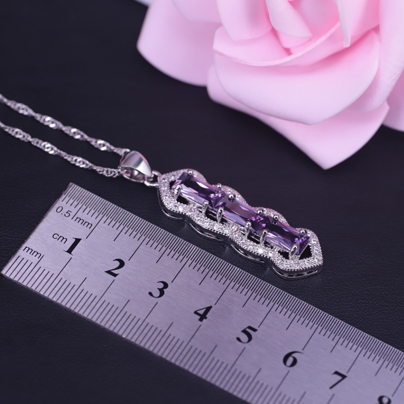 Geometriske firkantede smykker lilla krystal øreringe ring halskæde armbånd sæt til kvinder skinnende brudesmykker