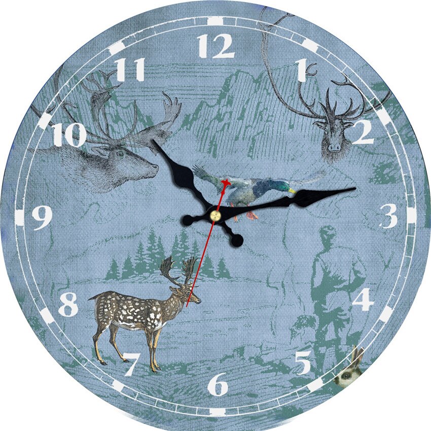 Reloj de pared de madera grande, reloj de pared de madera redondo con números grandes árabes, ciervo gris, decoración artística para el hogar