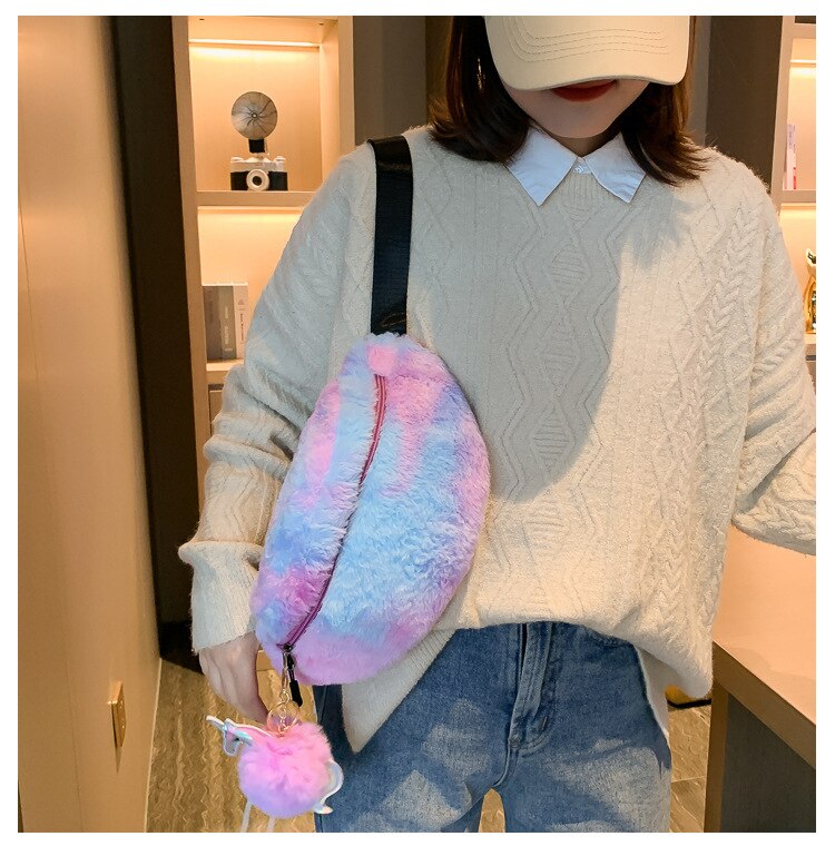 Tie Dye Plush Women Waist Bag Winter Fanny Pack Phone Pouch Casual Double Zipper Belt Bag Crossbody Shoulder Chest Pack