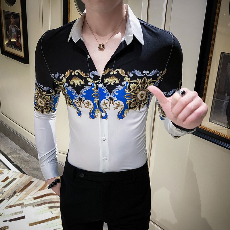 chemise homme automne chemise homme manche longue impression coupe slim chemises hommes de luxe: Top Black / Asian 3XL 72-77KG