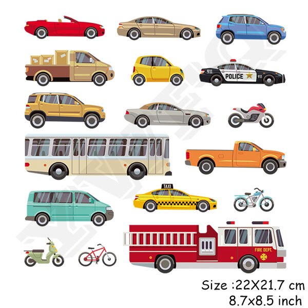 17 stuks/set coole brandweerwagen strijkapplicaties populaire kinder diy wasbare stickers warmteoverdracht patches meerdere auto's: Default Title