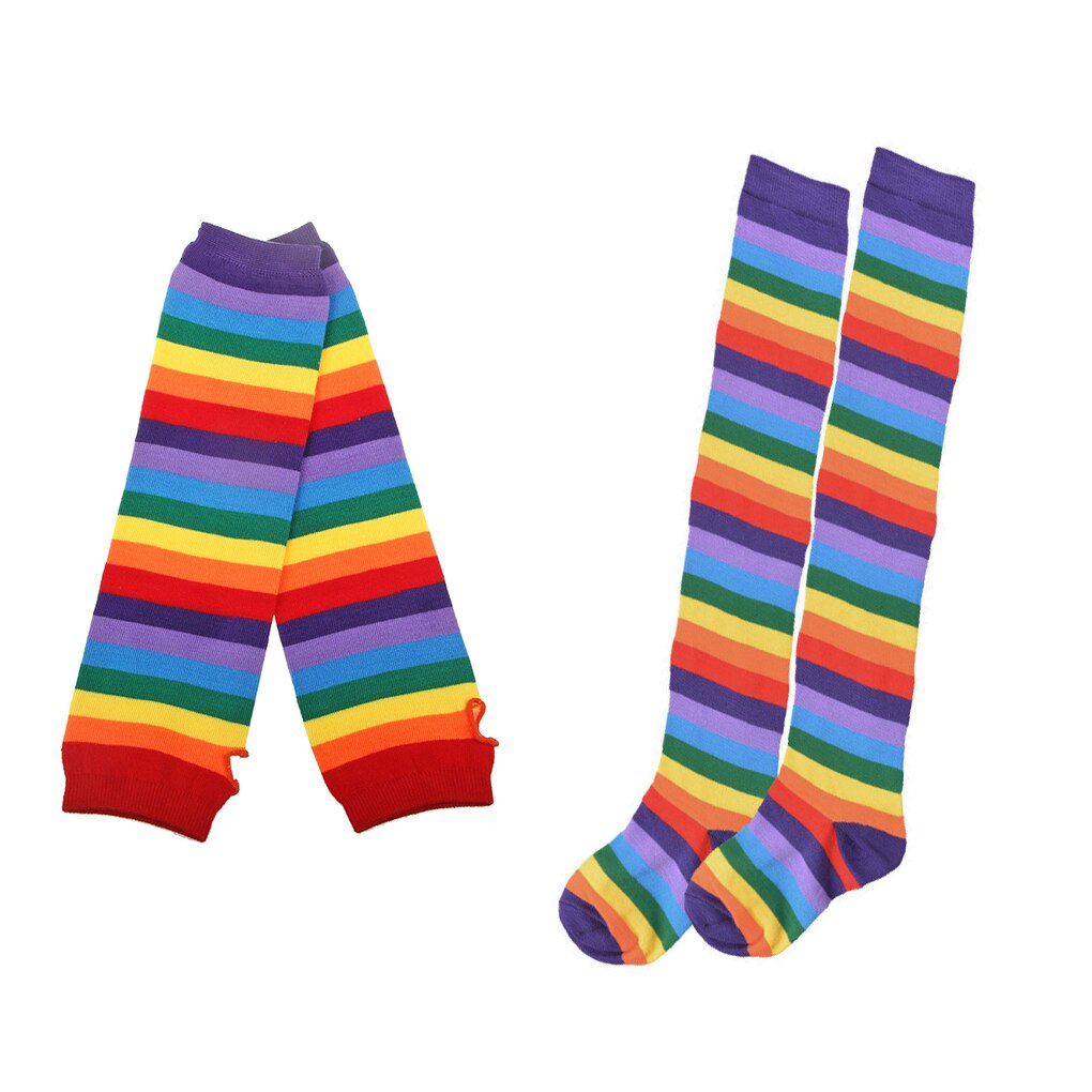 Malha luvas sockings para mulher menina colorido arco-íris listrado luvas longas meias braço mais quente sem dedos malha luvas sockings