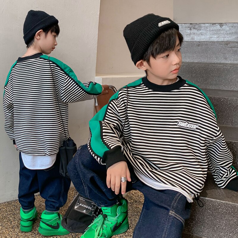 Sudadera gruesa de manga larga para niño, ropa deportiva coreana con estampado a rayas, holgada, para otoño e invierno,