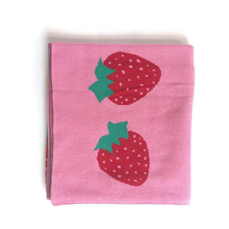 100 x 120cm flickor jordgubbe 2 lager vintertjock bomullsstickad baby filt med tofsar bollar barn baksätet täcka barn täcke: Rosa (ingen boll)
