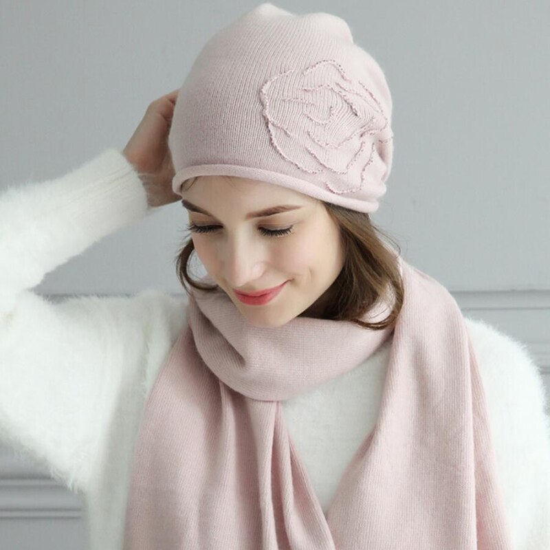 Kvinder hat tørklæde sæt efterår vinter uld hatte afslappet varm baret stil kvindelige beanies: Lyserød