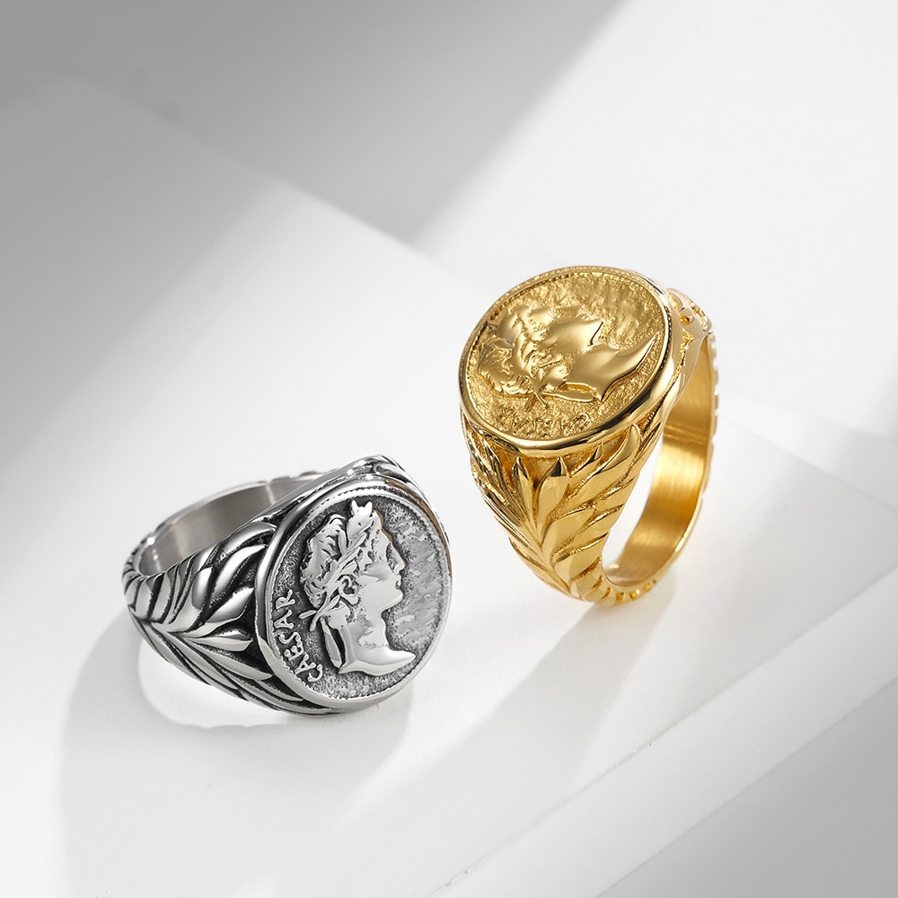Anillo Vintage de imperio romano para hombre, joya de acero inoxidable con cabeza de Caesar, Color plateado, dorado