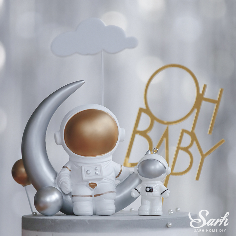 Moon Spaceship Astronaut Decorations Rocket Oh Baby Baking Happy Birthday Cake Topper Wedding Baby Shower Boy Girl Love