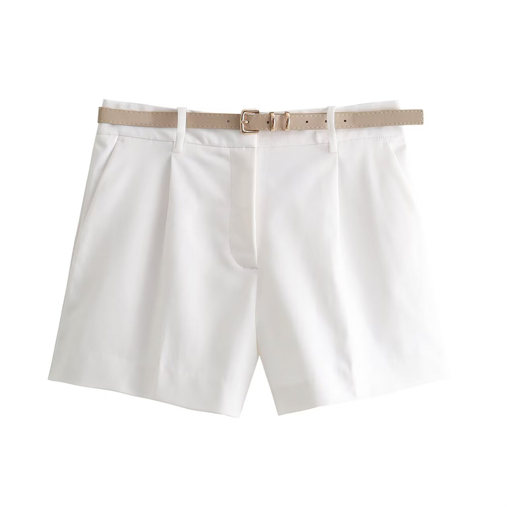 Zach Ailsa Summer Product Women's Versatile High Waist with Belt Casual Solid Color Shorts: M / WHITE