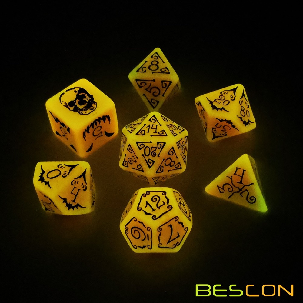 Bescon Gloeiende Halloween Polyhedrale Dobbelstenen 7 Stuks Set, Lichtgevende Halloween Rpg Dobbelstenen Set, glow In Dark Halloween Dnd Spel Dobbelstenen