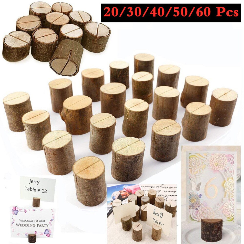 20 Sets Wood Pile Name Place Card Photo Holders Wooden Bark Memo Holder Stump Shape Menu Number Memo Stand Wedding Party Table D
