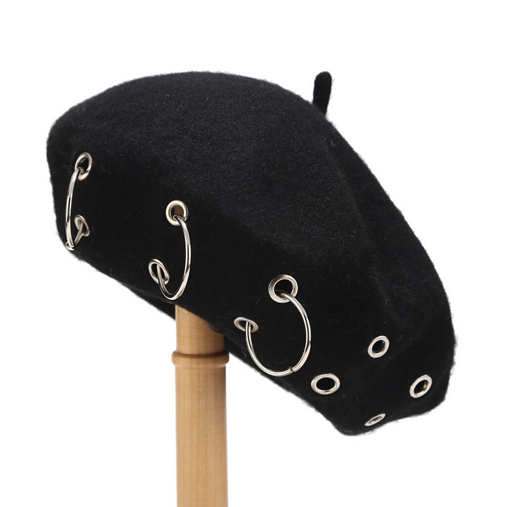 Ijzeren Ringen Harajuku Baretten Vrouwen Mooie Vintage Punk Rock Stijl Ijzeren Ringen Baret Caps Retro Wol Hoeden Wollen Schilder Baret # PP2: Black 
