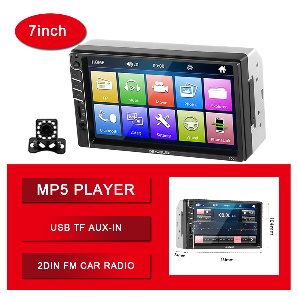 GEARELEC 7inch Car MP5 Player 7001 Car Stereo Radio Bluetooth USB TF AUX-In TF Car Multimedia Player FM Receiver 2DIN Car Radio: MP5 with camera