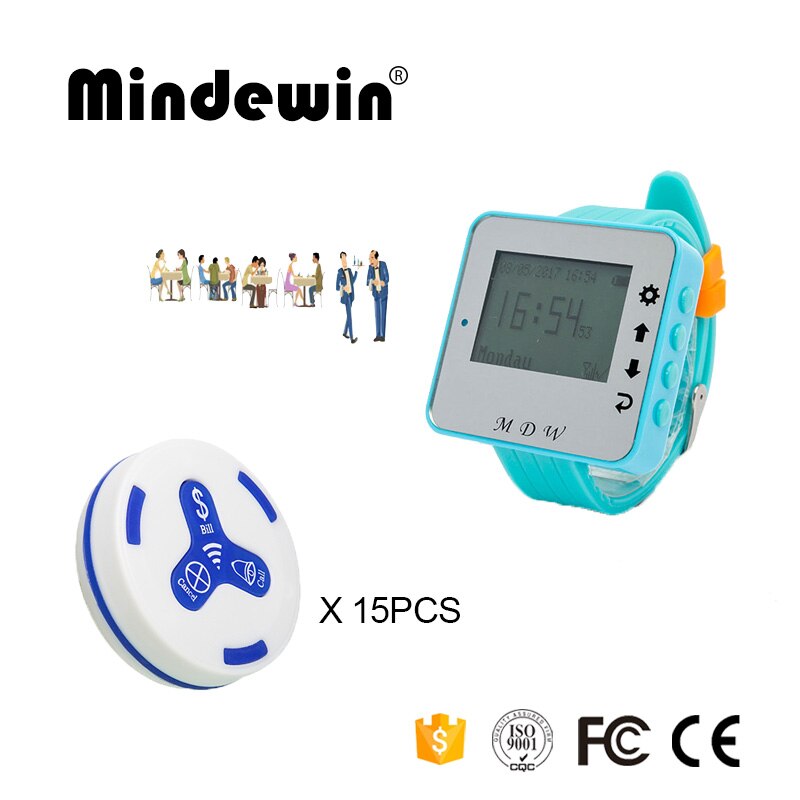 Mindewin 433MHz Draadloos Oproepsysteem 15PCS Tafel Belknop M-K-3 + 1 STUKS Horloge Pager M-W-1 Reataurant Draadloze pager Systeem: White blue