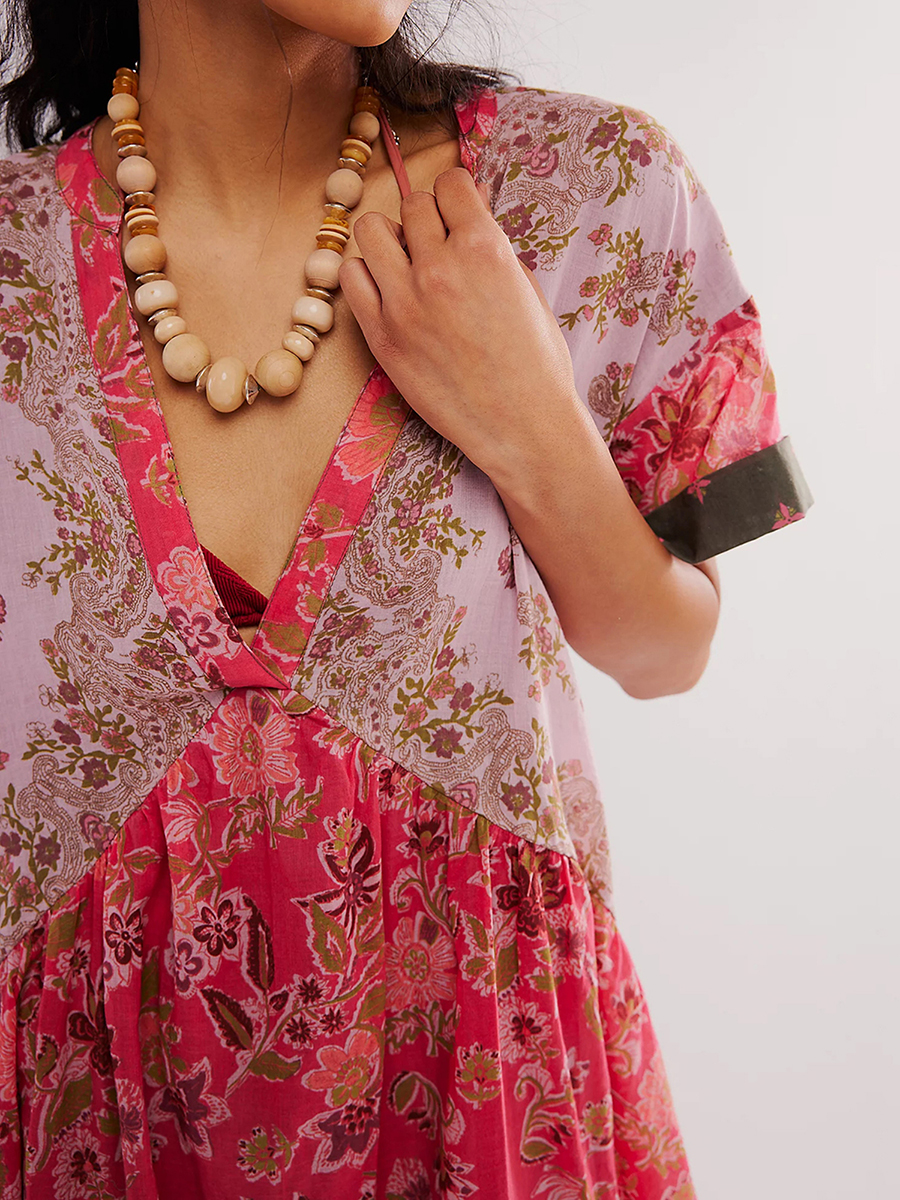 Kvinners sommer babydoll-kjole bohemsk blomstertrykk kortermet v-hals flagrende kjole med lommer fritids-retro
